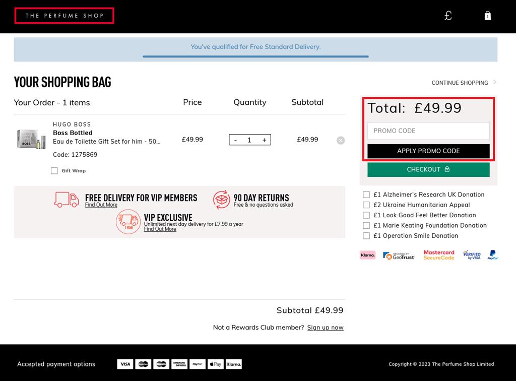 The Perfume Shop checkout. Place where to paste discount code and Apply button